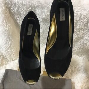 MaxMara Black and Gold Peep Toe Heels